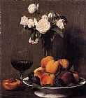 Still Life with Roses Fruit and a Glass of Wine